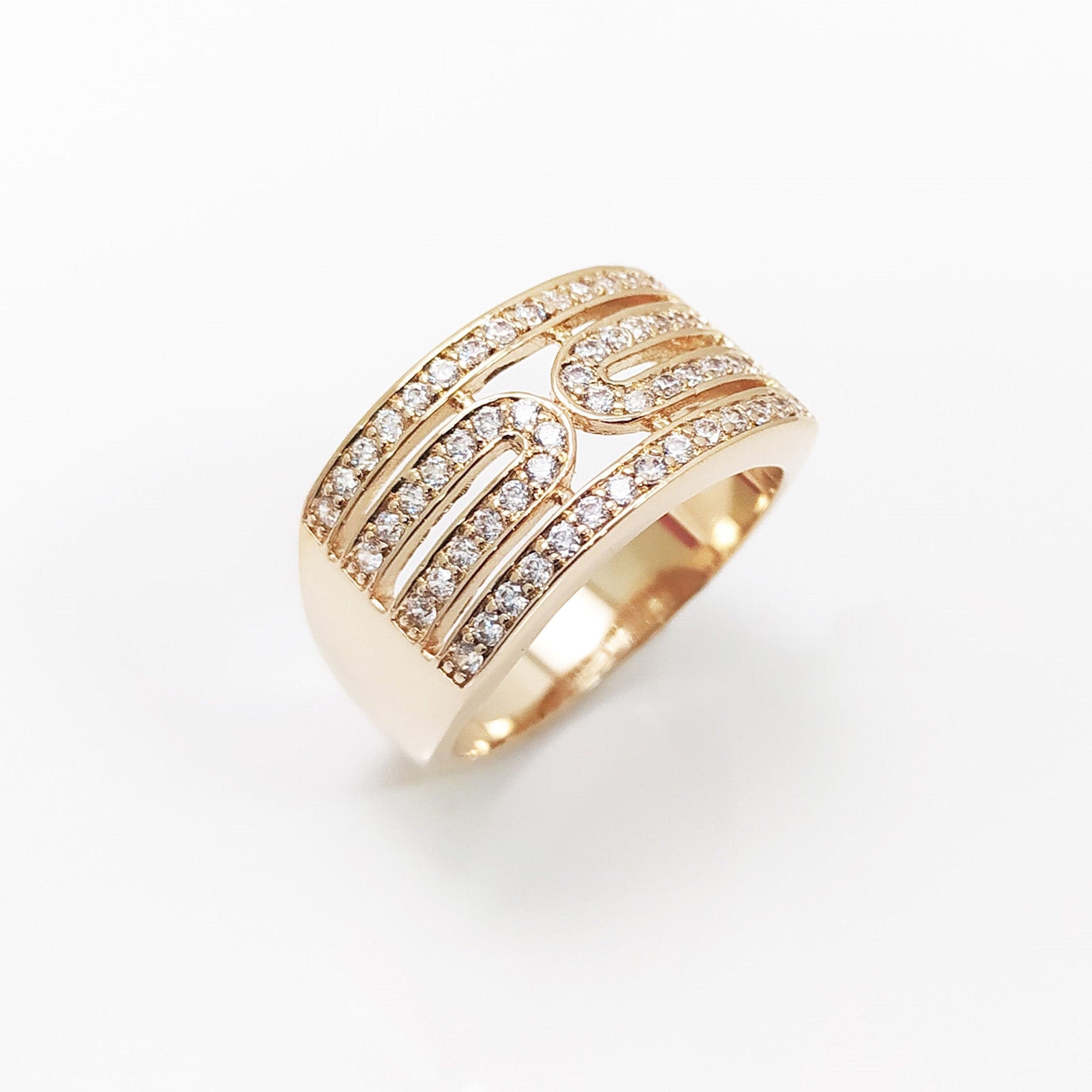 18K Gold Pavé Statement Ring by KRAMIKE • Geometric Design with Sparkling Stones • Bold and Elegant Accessory for Any Occasion • KR042