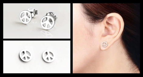 Sterling Silver Peace Love Stud Earrings, Boho Hipster Icon 70's Jewelry