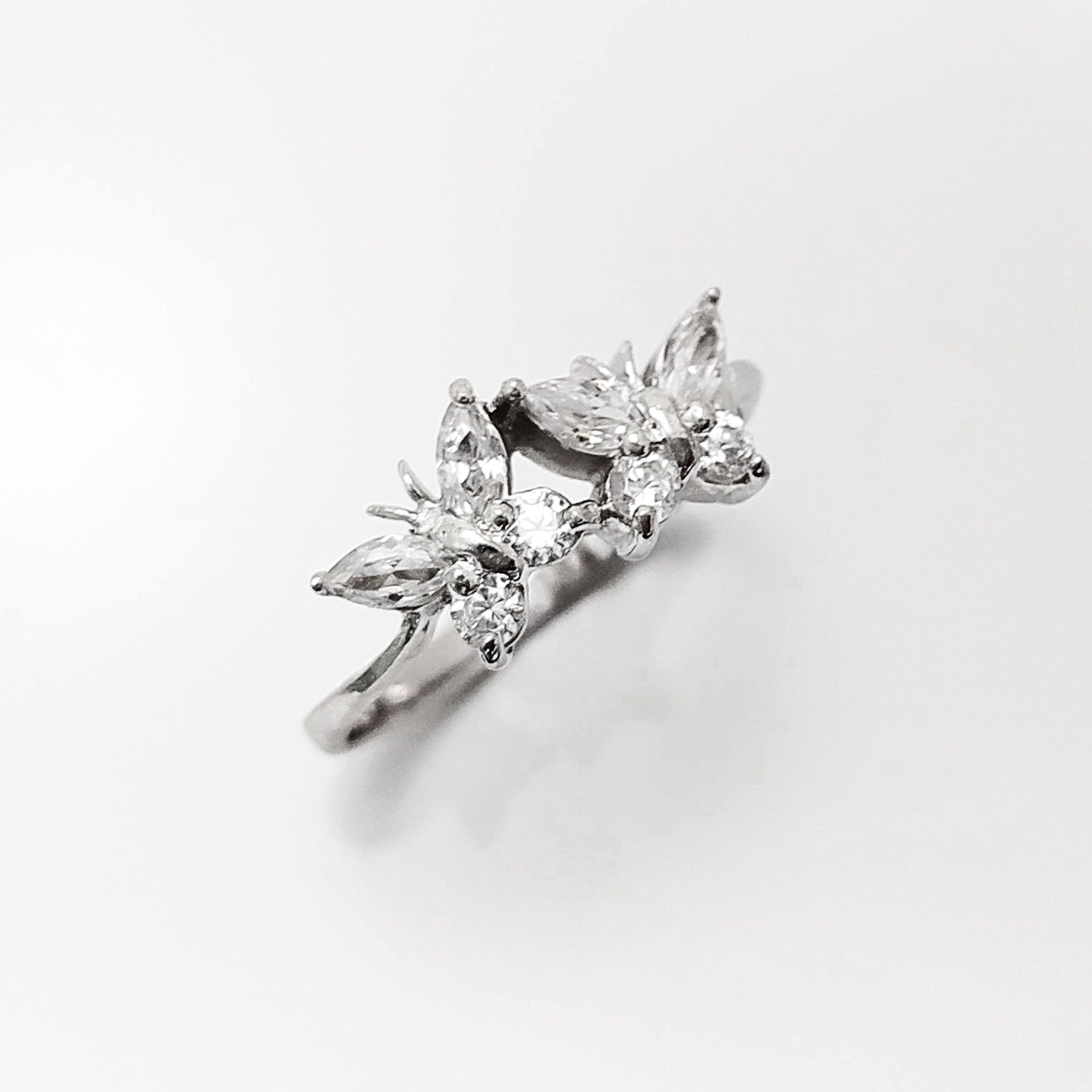 Butterfly Ring, Sterling Silver, Clear White Stones (CZ), Designer Butterflies Jewelry, Fashion Ring, Gift for Her, Bright Ring