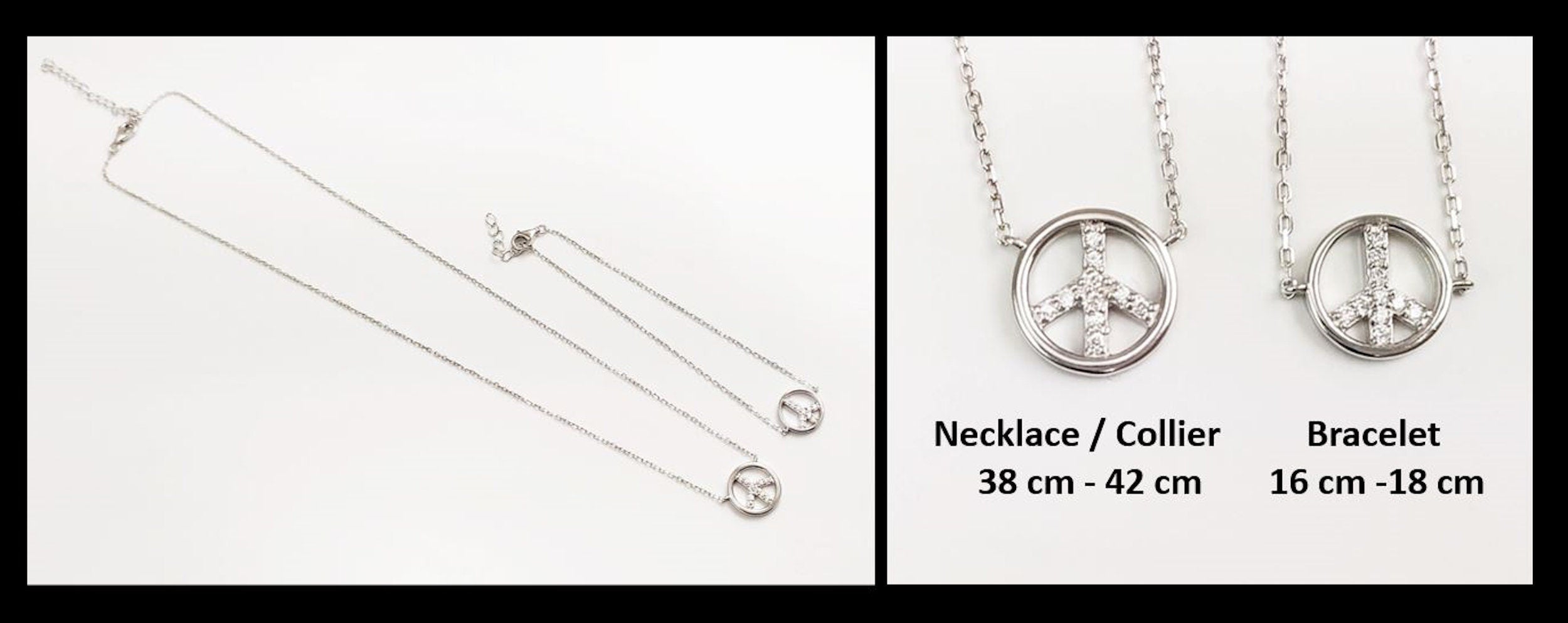 Peace & Love Necklace, Sterling Silver 925, Love and Peace Symbol Sign Pendant Chain, Hipster Boho 70's Icon Charm Jewelry, White Cz stone