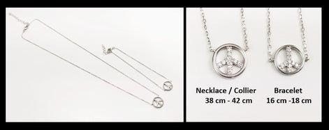 Peace & Love Necklace, Sterling Silver 925, Love and Peace Symbol Sign Pendant Chain, Hipster Boho 70's Icon Charm Jewelry, White Cz stone