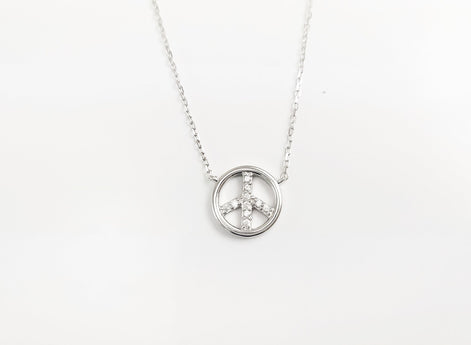 Peace & Love Necklace, Sterling Silver 925, Love and Peace Symbol Sign Pendant Chain, Hipster Boho 70's Icon Charm Jewelry, White Cz stone
