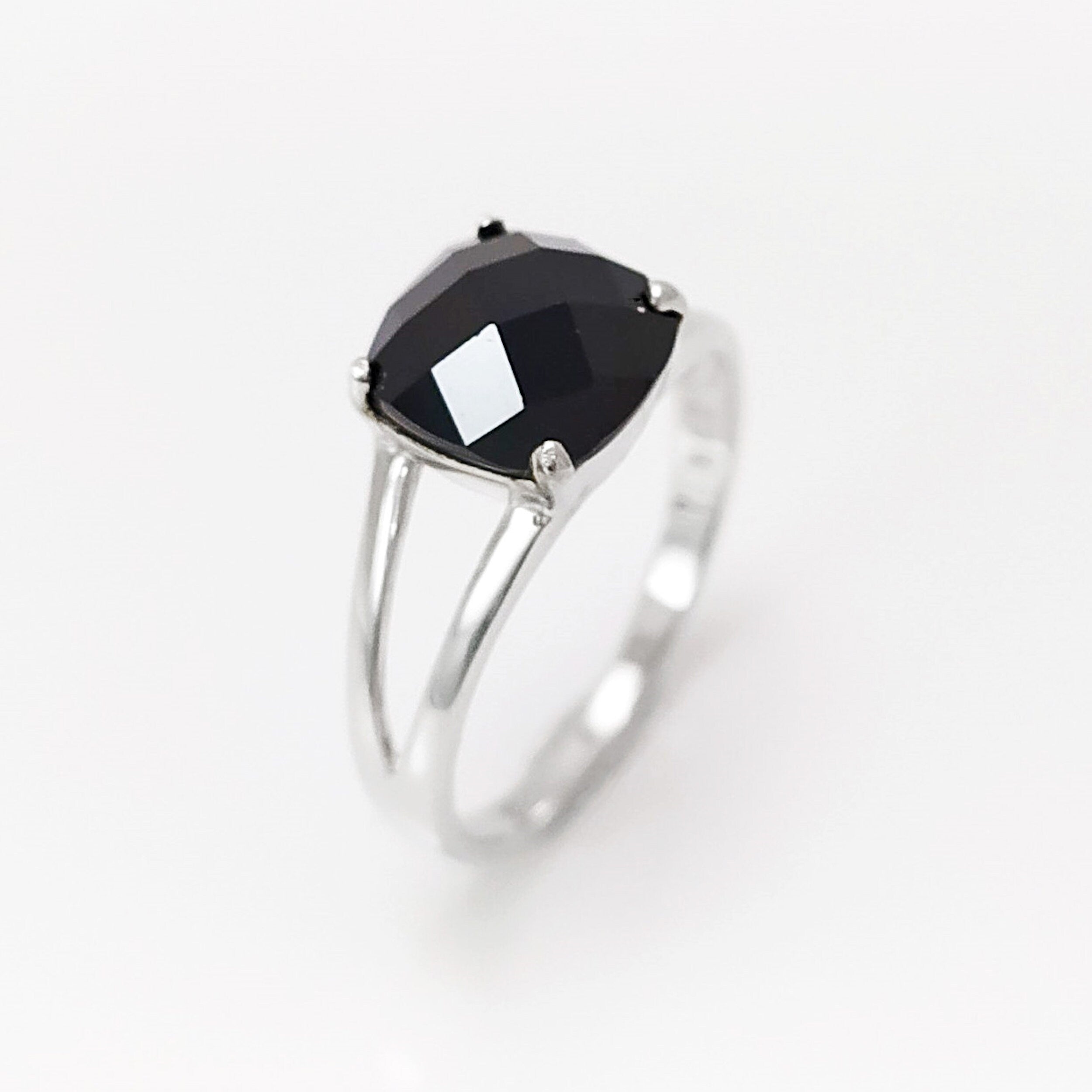 Square Stone Ring, Sterling Silver, Black Color (CZ) Ring, Modern Ring, Engagement Jewelry, Prongs setting, Solitaire Black 925 Ring.