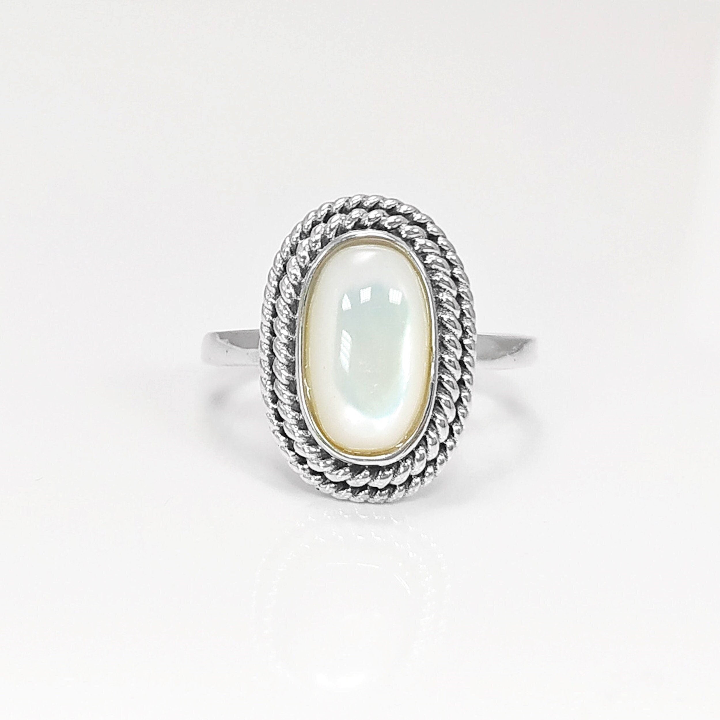 Sterling Silver Mother of Pearl Ring, Oval Boho Rope Border Jewelry