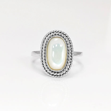 Sterling Silver Mother of Pearl Ring, Oval Boho Rope Border Jewelry