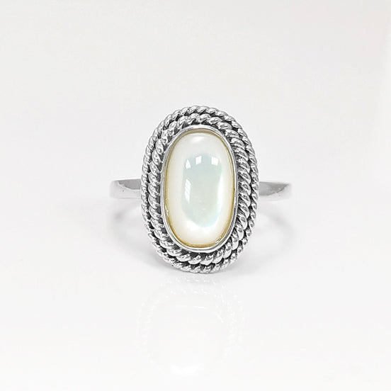 Sterling Silver Mother of Pearl Ring, Oval Boho Rope Border Jewelry