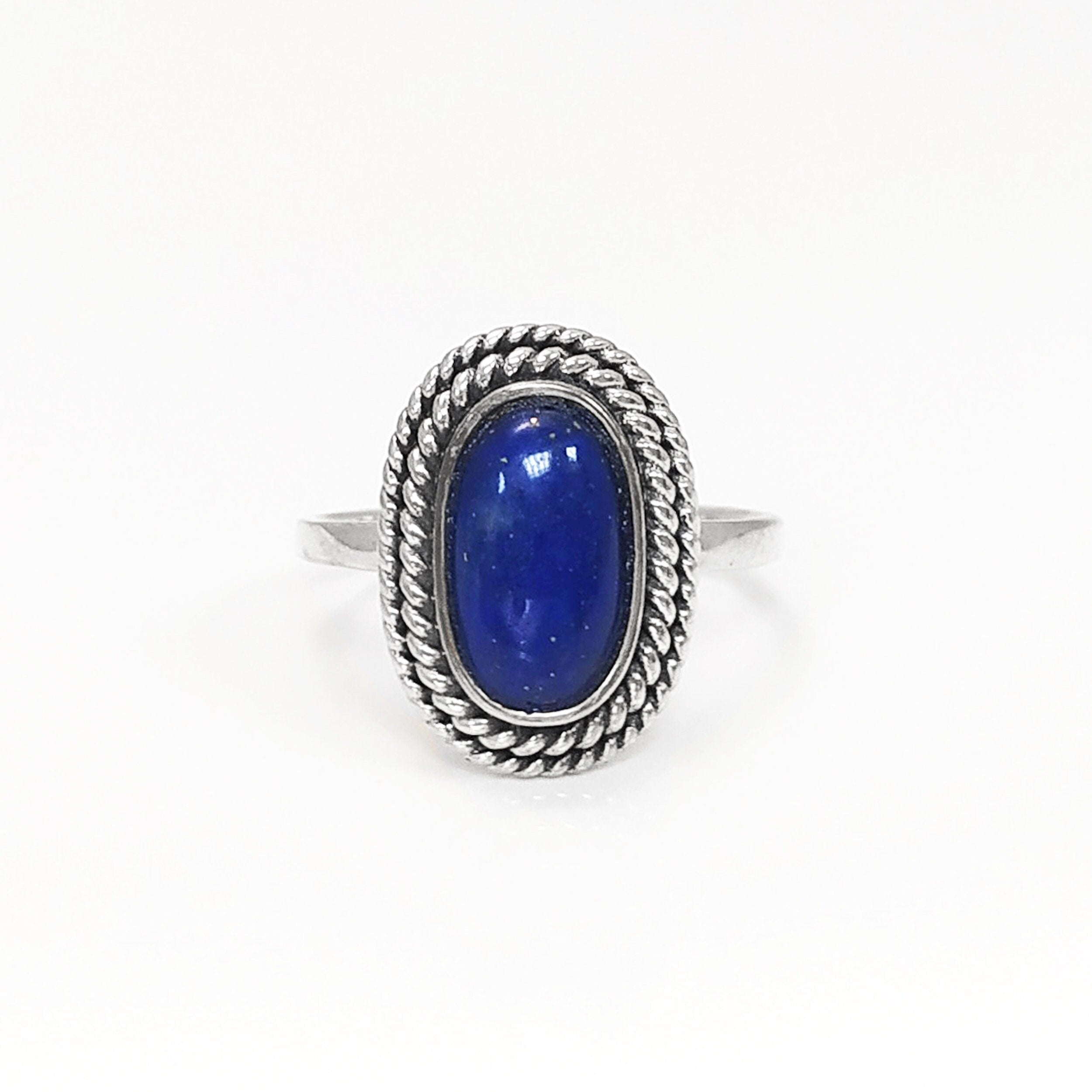 Lapis Lazuli Sterling Silver Ring, Boho Rope Border Antique Jewelry