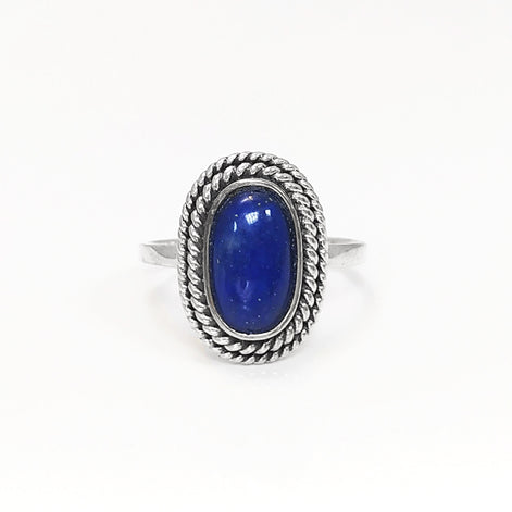 Lapis Lazuli Sterling Silver Ring, Boho Rope Border Antique Jewelry
