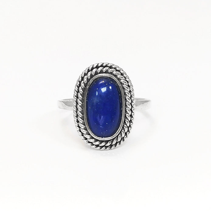 Lapis Lazuli Sterling Silver Ring, Boho Rope Border Antique Jewelry