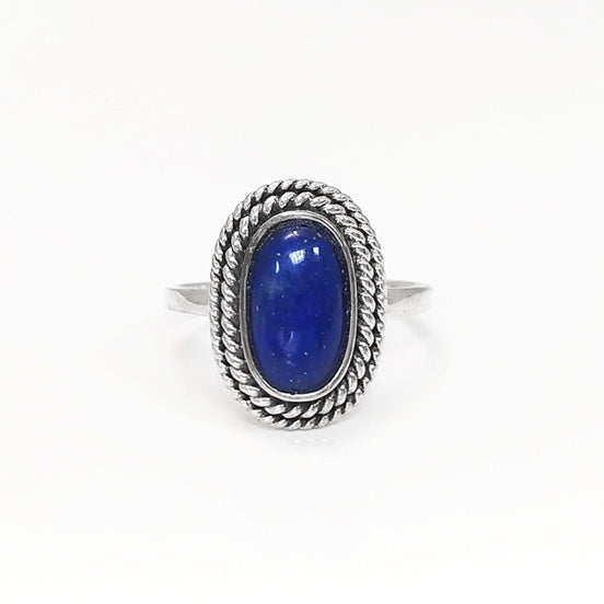 Lapis Lazuli Sterling Silver Ring, Boho Rope Border Antique Jewelry