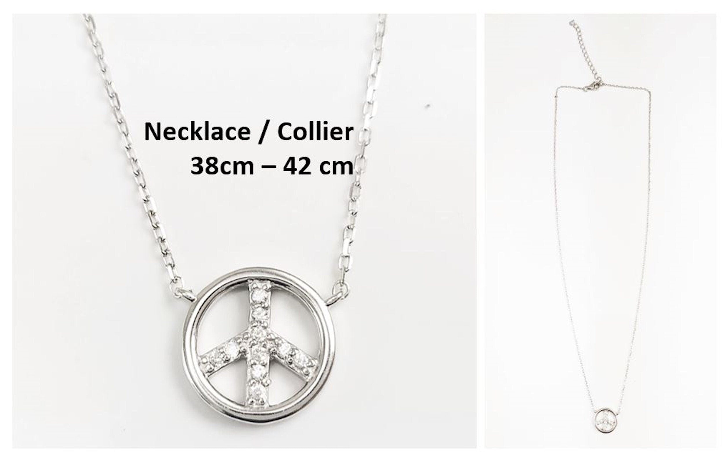 Peace & Love Necklace, Sterling Silver 925, Love and Peace Symbol Sign Pendant Chain, Hipster Boho 70's Icon Charm Jewelry, White Cz stone