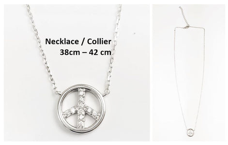 Peace & Love Necklace, Sterling Silver 925, Love and Peace Symbol Sign Pendant Chain, Hipster Boho 70's Icon Charm Jewelry, White Cz stone