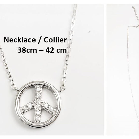 Peace & Love Necklace, Sterling Silver 925, Love and Peace Symbol Sign Pendant Chain, Hipster Boho 70's Icon Charm Jewelry, White Cz stone