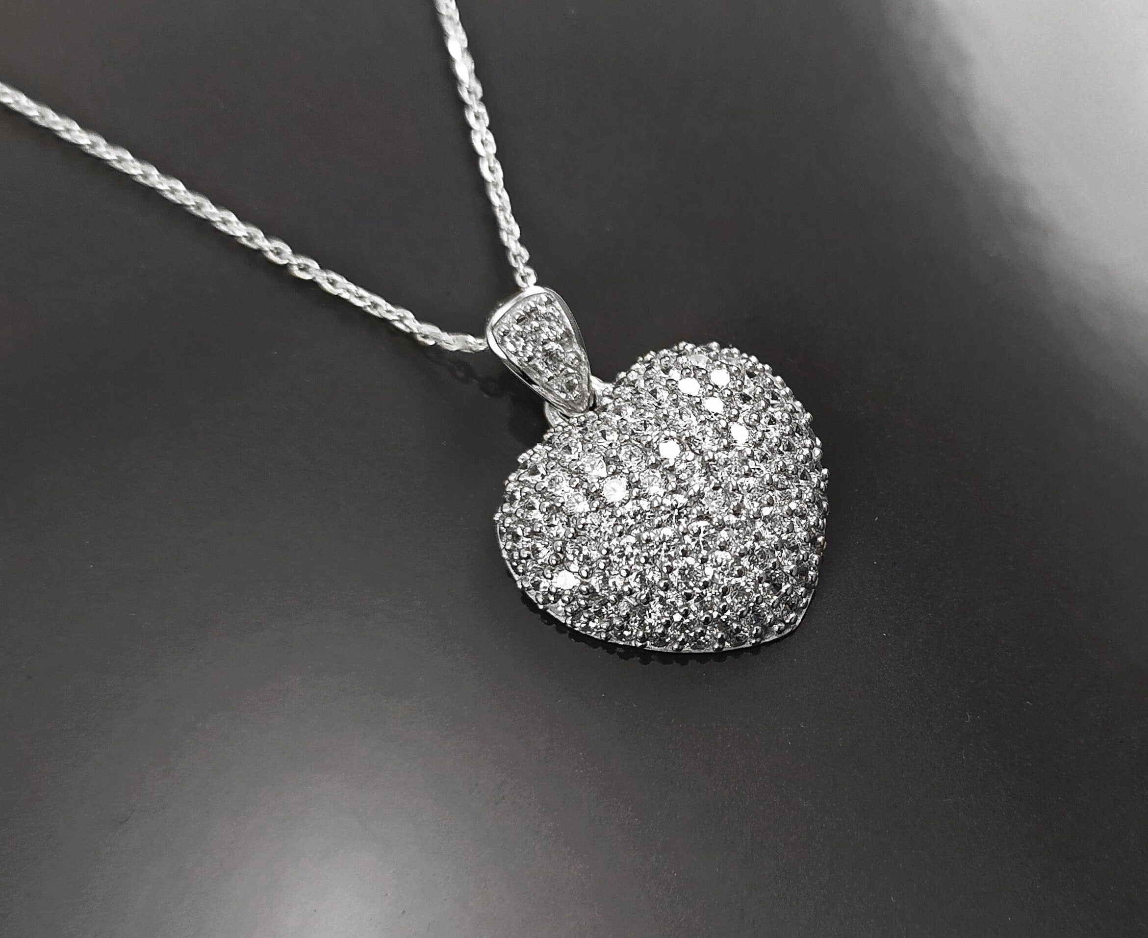 Forever Pave Diamond Heart Necklace by KRAMIKE • Love Necklace for Girlfriend • Perfect Gift for Wife • Sterling Silver • Size L • KP003