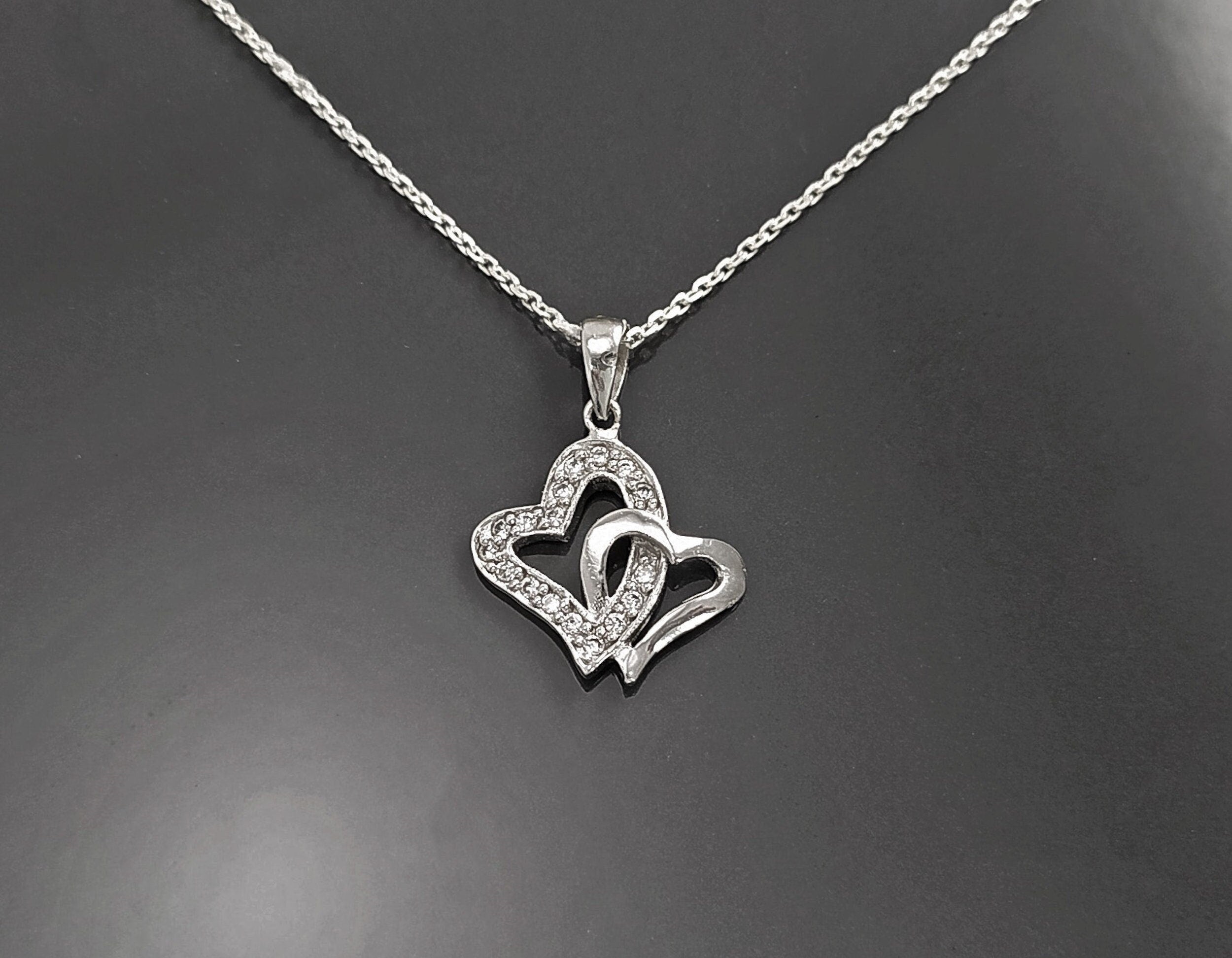 Sterling Silver Double Heart Necklace, Paved Clear CZ Stones, Promise Charm
