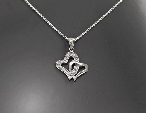 Sterling Silver Double Heart Necklace, Paved Clear CZ Stones, Promise Charm