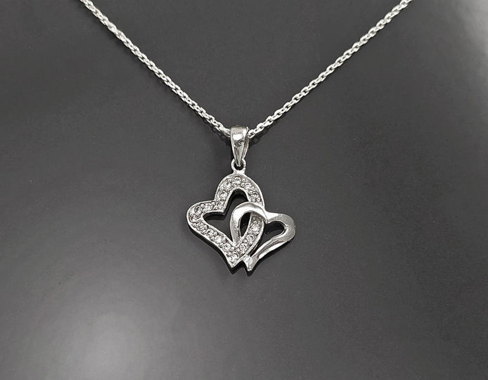 Sterling Silver Double Heart Necklace, Paved Clear CZ Stones, Promise Charm