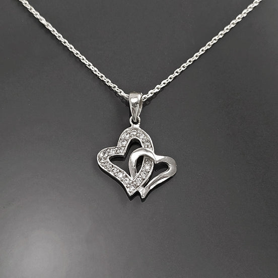 Sterling Silver Double Heart Necklace, Paved Clear CZ Stones, Promise Charm