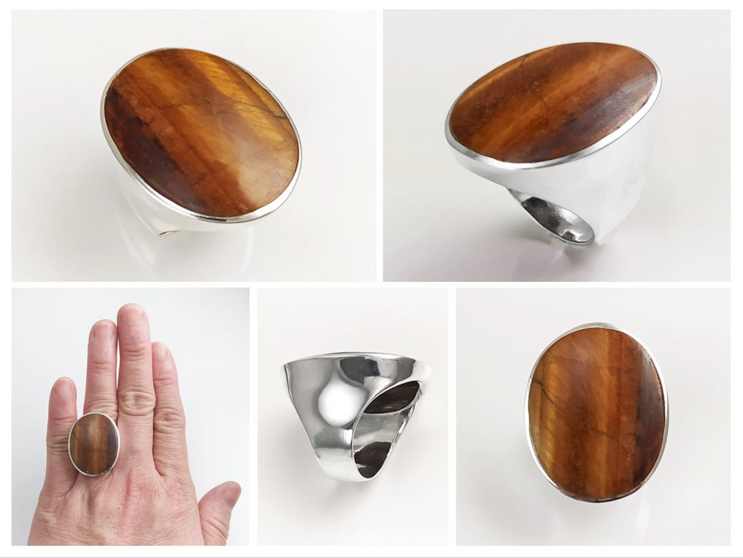 Tiger Eye Ring, Sterling Silver, Tawny Brown Tigers Eye, fawn color Stone, Original Oval Form Jewelry, Unique Unisex Statement Modern Ring