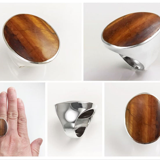 Tiger Eye Ring, Sterling Silver, Tawny Brown Tigers Eye, fawn color Stone, Original Oval Form Jewelry, Unique Unisex Statement Modern Ring