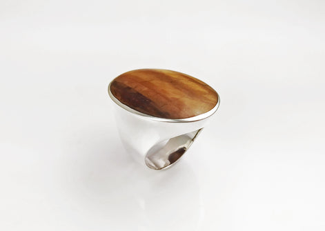 Tiger Eye Ring, Sterling Silver, Tawny Brown Tigers Eye, fawn color Stone, Original Oval Form Jewelry, Unique Unisex Statement Modern Ring