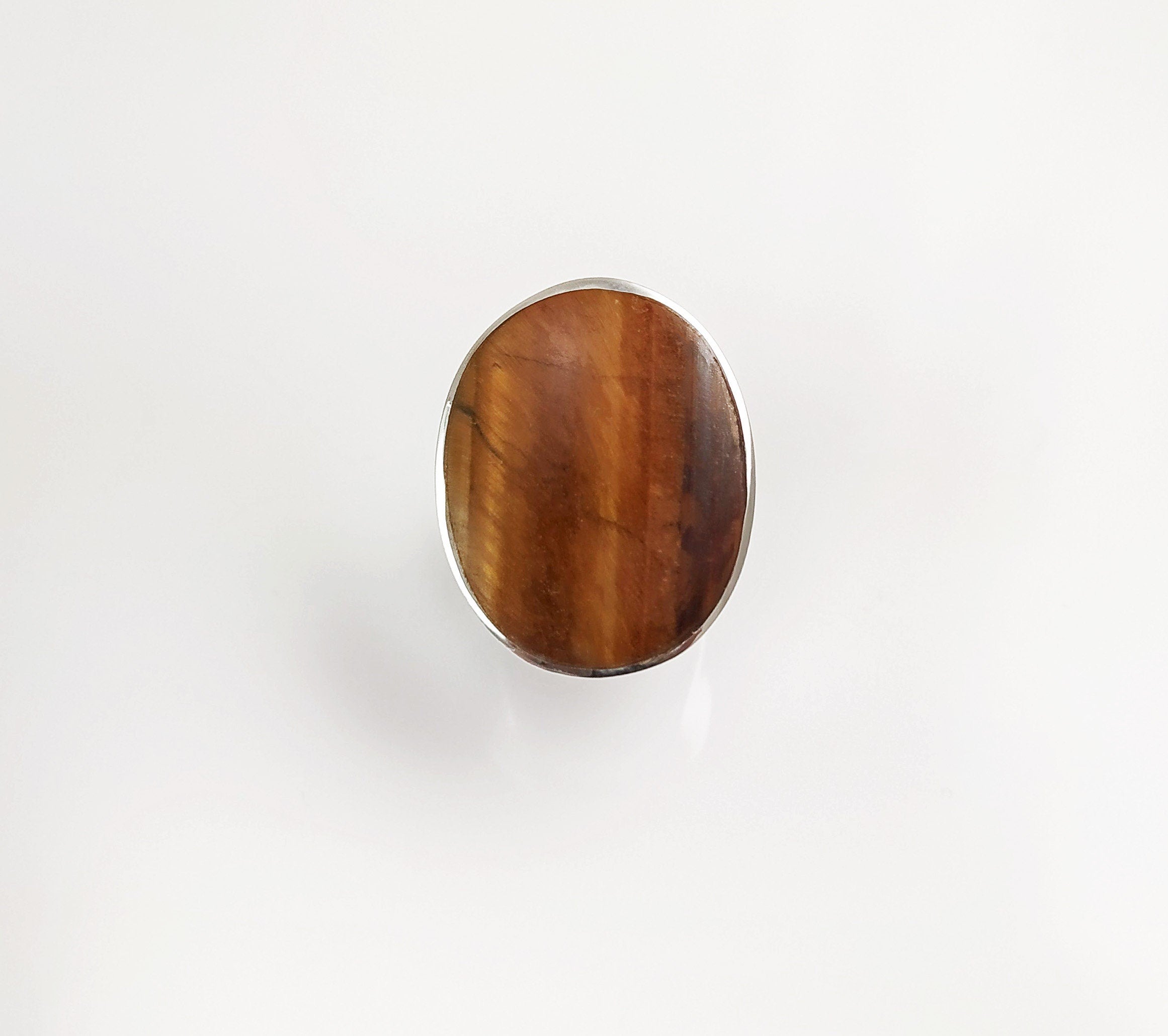 Tiger Eye Ring, Sterling Silver, Tawny Brown Tigers Eye, fawn color Stone, Original Oval Form Jewelry, Unique Unisex Statement Modern Ring