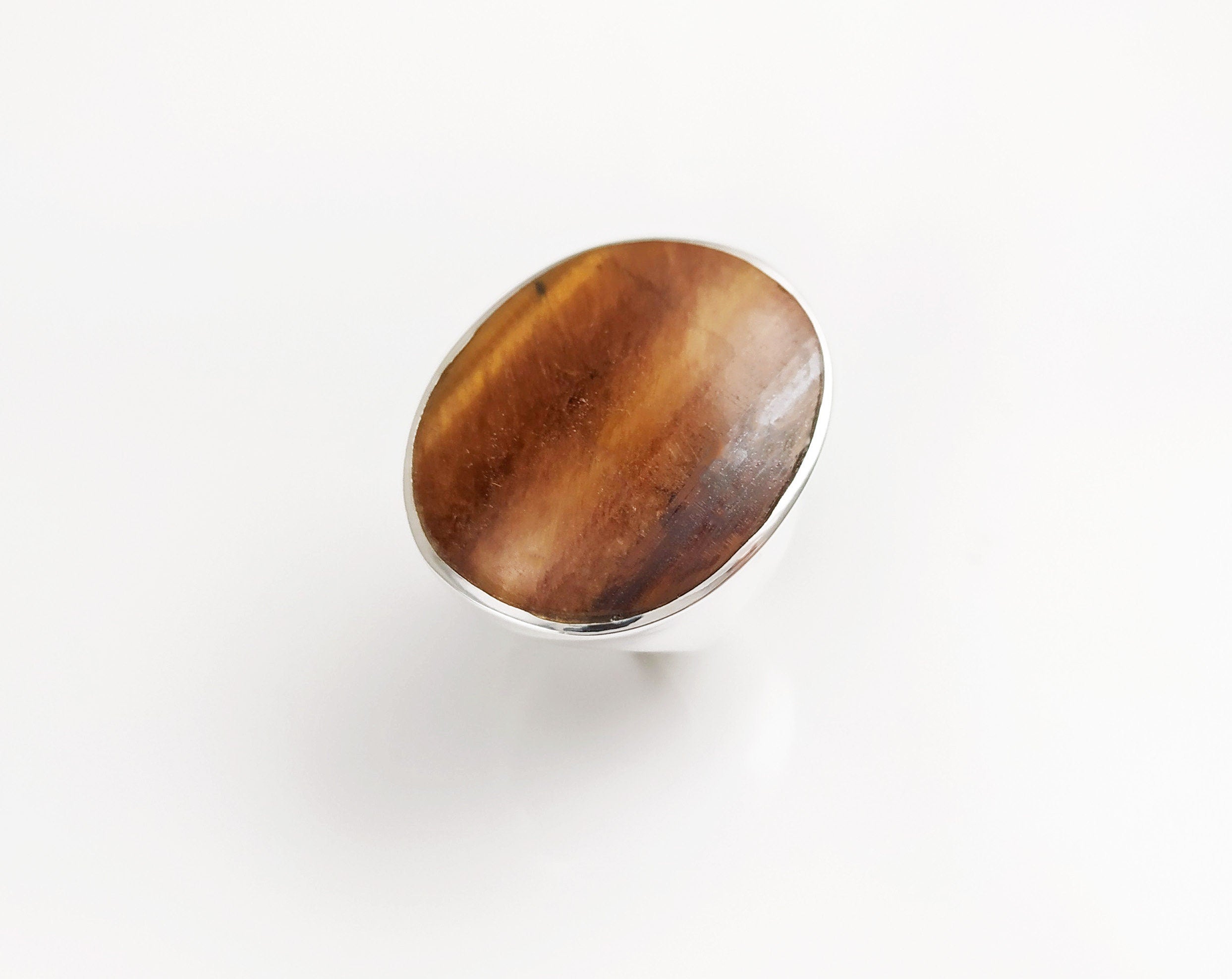 Tiger Eye Ring, Sterling Silver, Tawny Brown Tigers Eye, fawn color Stone, Original Oval Form Jewelry, Unique Unisex Statement Modern Ring