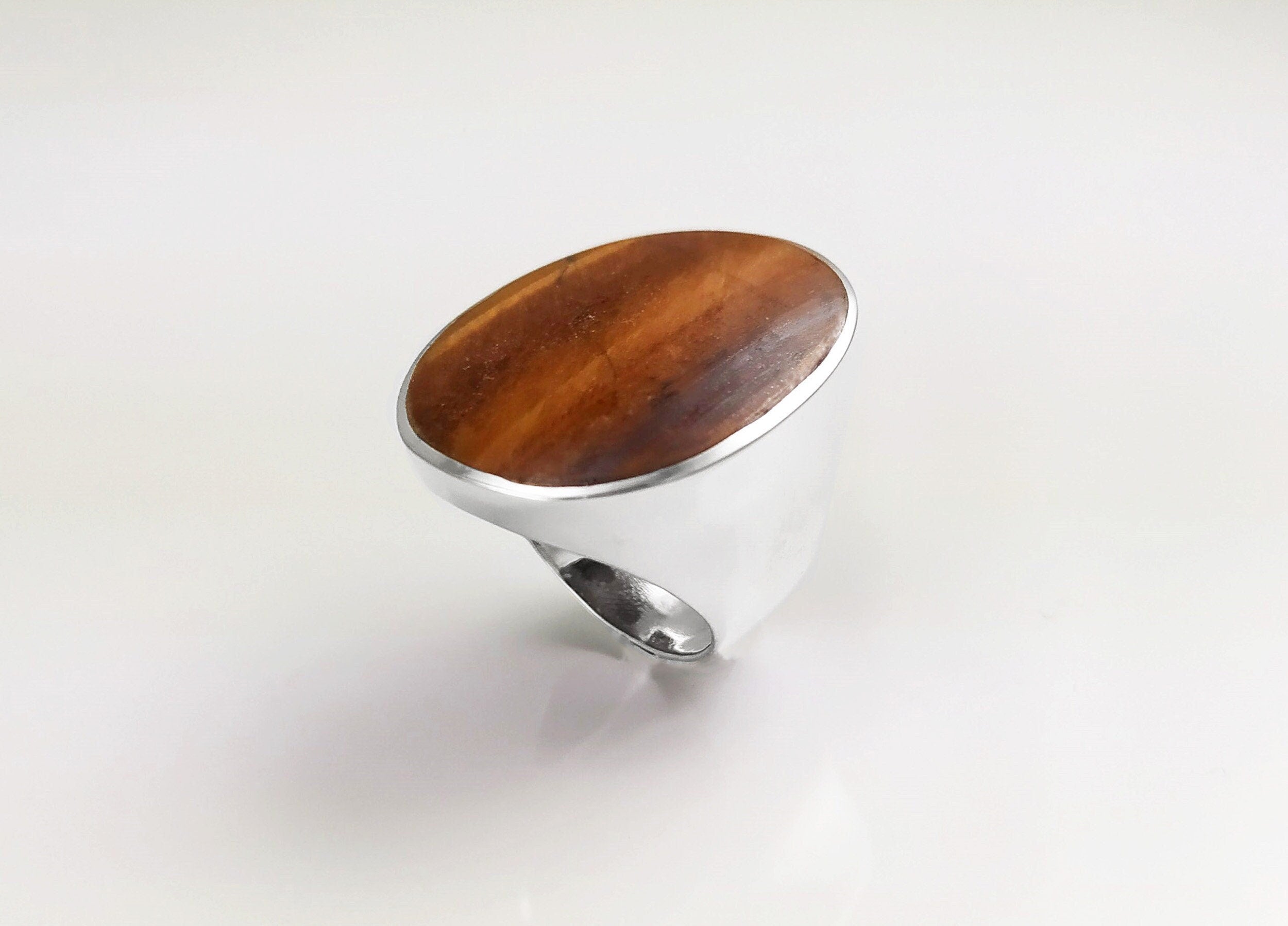 Tiger Eye Ring, Sterling Silver, Tawny Brown Tigers Eye, fawn color Stone, Original Oval Form Jewelry, Unique Unisex Statement Modern Ring