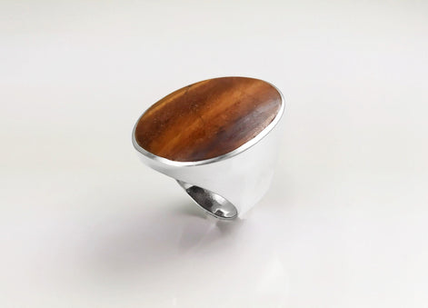 Tiger Eye Ring, Sterling Silver, Tawny Brown Tigers Eye, fawn color Stone, Original Oval Form Jewelry, Unique Unisex Statement Modern Ring