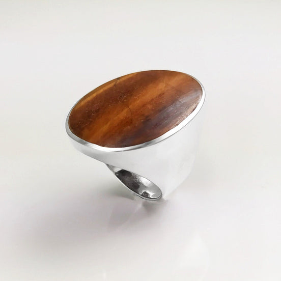 Tiger Eye Ring, Sterling Silver, Tawny Brown Tigers Eye, fawn color Stone, Original Oval Form Jewelry, Unique Unisex Statement Modern Ring
