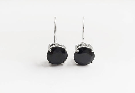Black Drop Earrings, 925 Sterling Silver, Black Solitaire 10mm Round Stone, 6ct Onyx simulant (CZ), Birthday gift, Hook Earrings