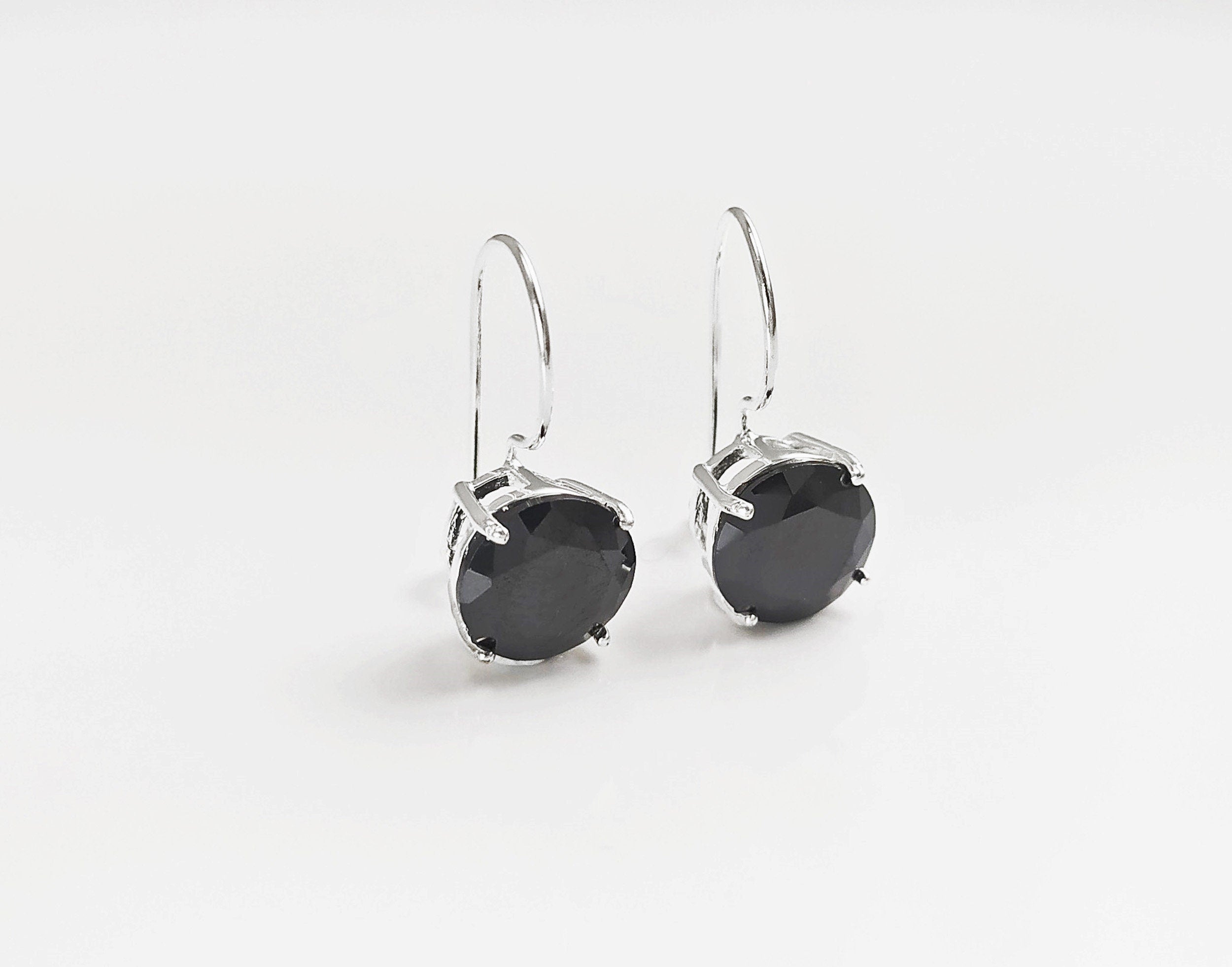 Black Drop Earrings, 925 Sterling Silver, Black Solitaire 10mm Round Stone, 6ct Onyx simulant (CZ), Birthday gift, Hook Earrings