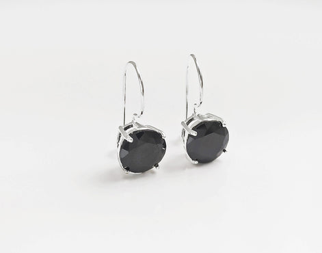 Black Drop Earrings, 925 Sterling Silver, Black Solitaire 10mm Round Stone, 6ct Onyx simulant (CZ), Birthday gift, Hook Earrings