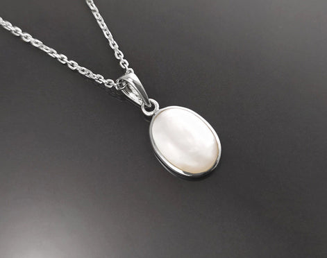 Flat Oval Pendant, Sterling Silver Genuine Mother of Pearl Gemstone with Rainbow reflection, Small Everyday jewelry, Modern Minimalist Style