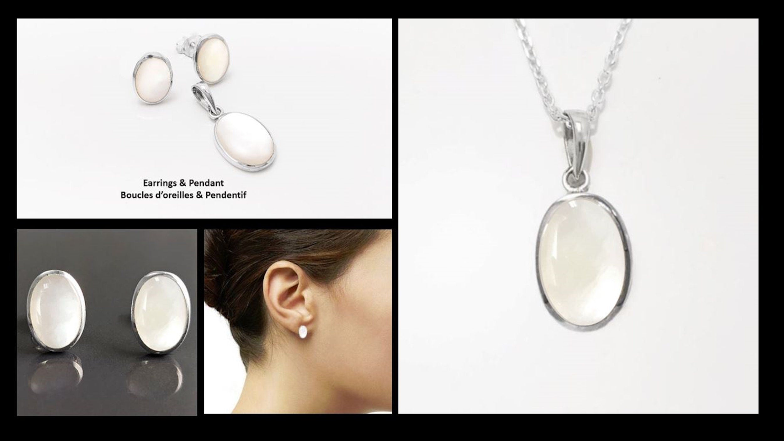 Flat Oval Pendant, Sterling Silver Genuine Mother of Pearl Gemstone with Rainbow reflection, Small Everyday jewelry, Modern Minimalist Style