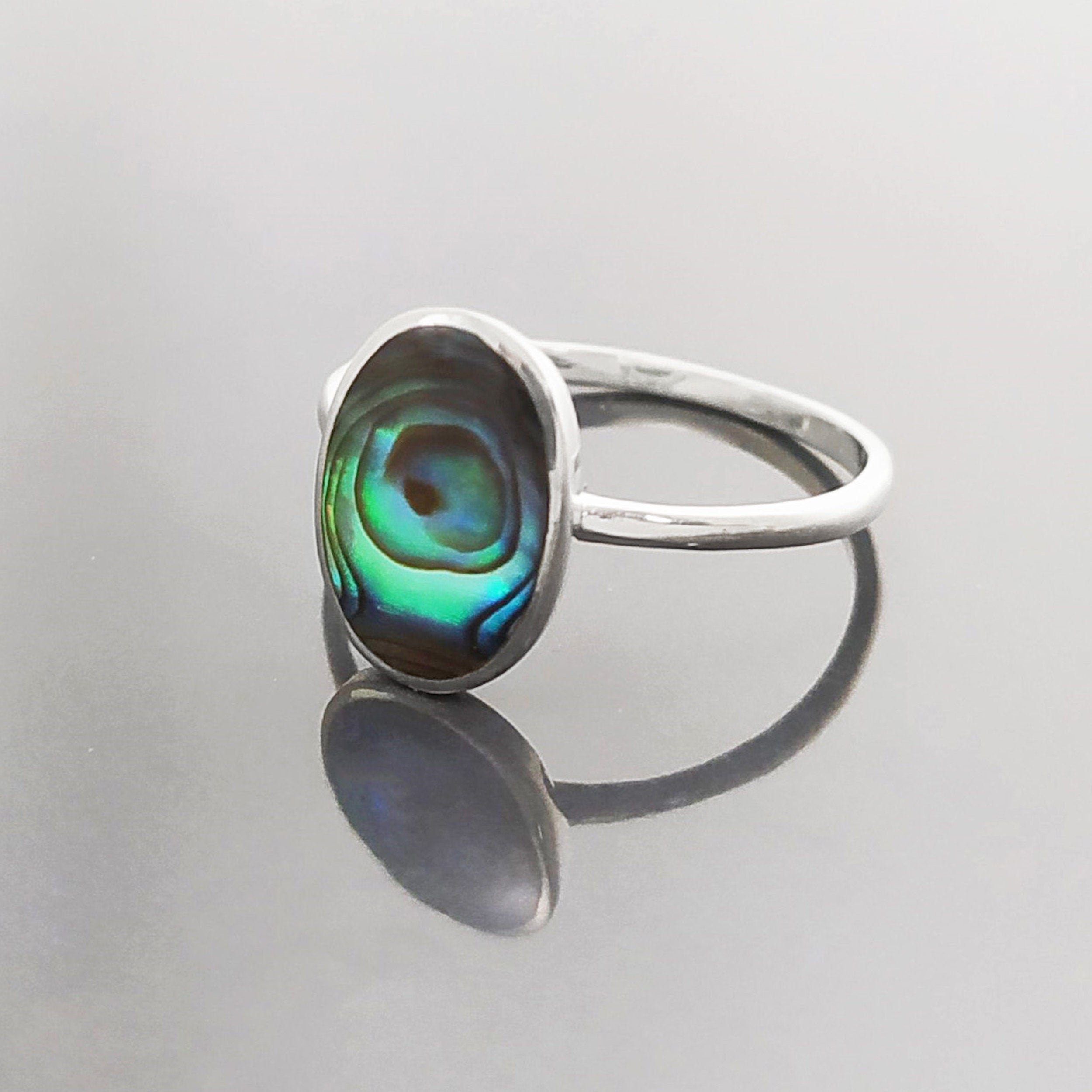 Abalone Flat Oval Ring, Sterling Silver Genuine PAUA Shell Mother of Pearl with Rainbow Reflection, Modern Minimalist Style