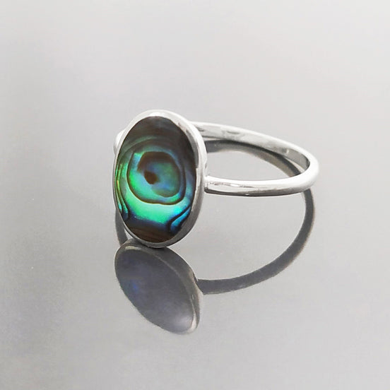 Abalone Flat Oval Ring, Sterling Silver Genuine PAUA Shell Mother of Pearl with Rainbow Reflection, Modern Minimalist Style