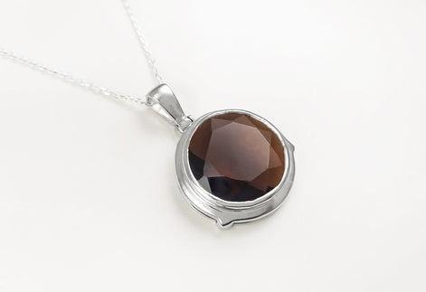 925 Brown Smoky Quartz Stone, Round Silver Pendant, Sterling Silver, Manmade Deep Brown Colored Cz Stone, Statement Big Round, Necklace Gift