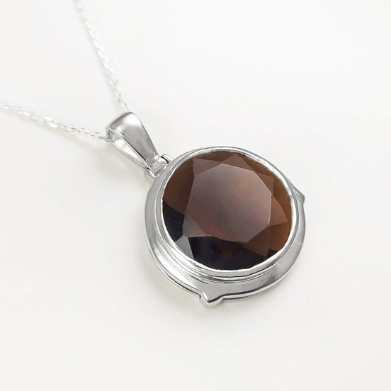 925 Brown Smoky Quartz Stone, Round Silver Pendant, Sterling Silver, Manmade Deep Brown Colored Cz Stone, Statement Big Round, Necklace Gift