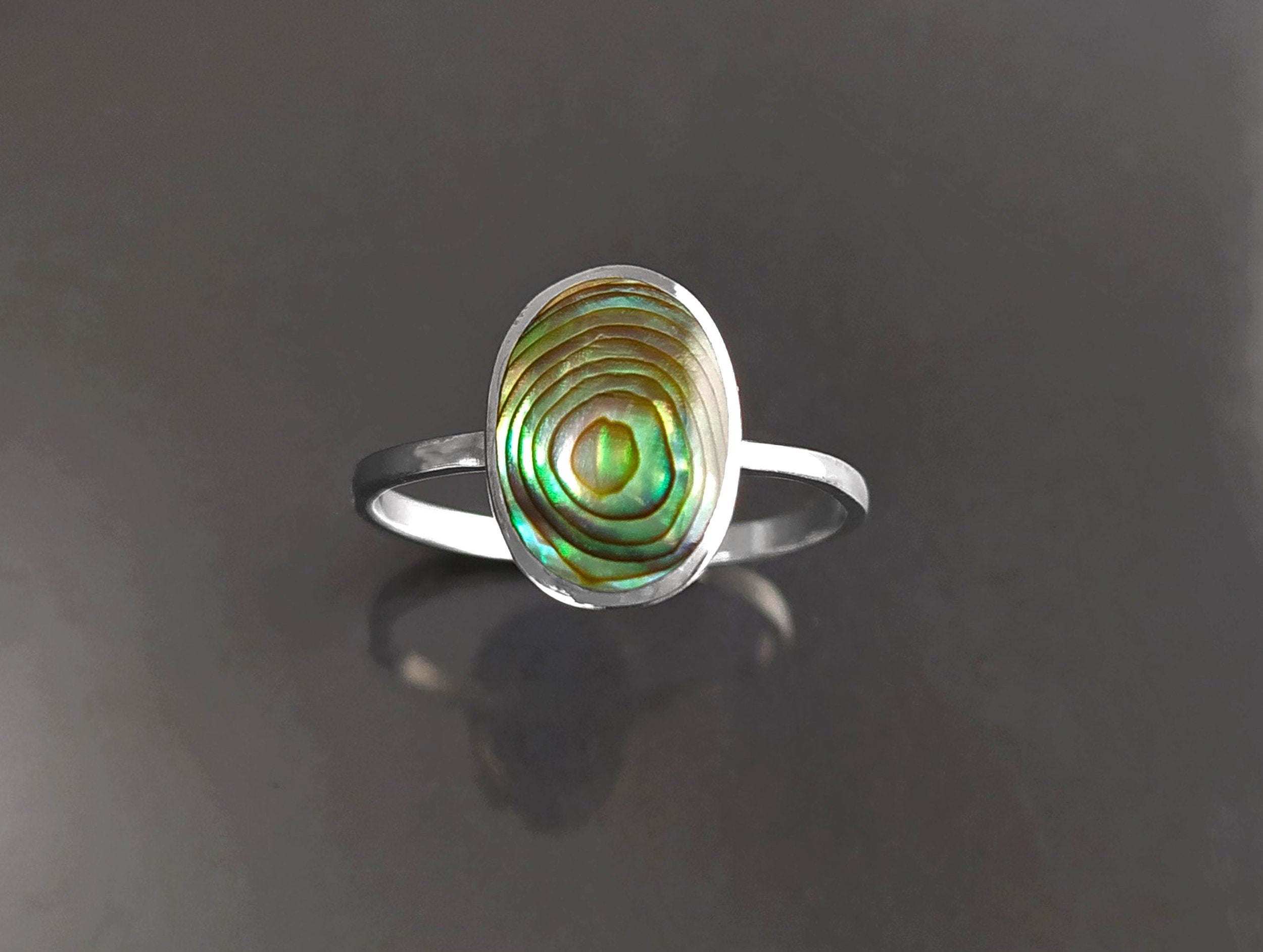 Abalone Flat Oval Ring, Sterling Silver Genuine PAUA Shell Mother of Pearl with Rainbow Reflection, Modern Minimalist Style
