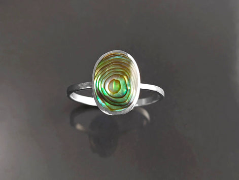 Abalone Flat Oval Ring, Sterling Silver Genuine PAUA Shell Mother of Pearl with Rainbow Reflection, Modern Minimalist Style