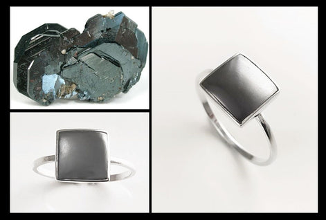 HEMATITE Gray Square Ring, 925 Sterling Silver, Genuine Grey Hematite Stone, Minimalist Ring, Geometric and Design Ring, Dainty Ring.