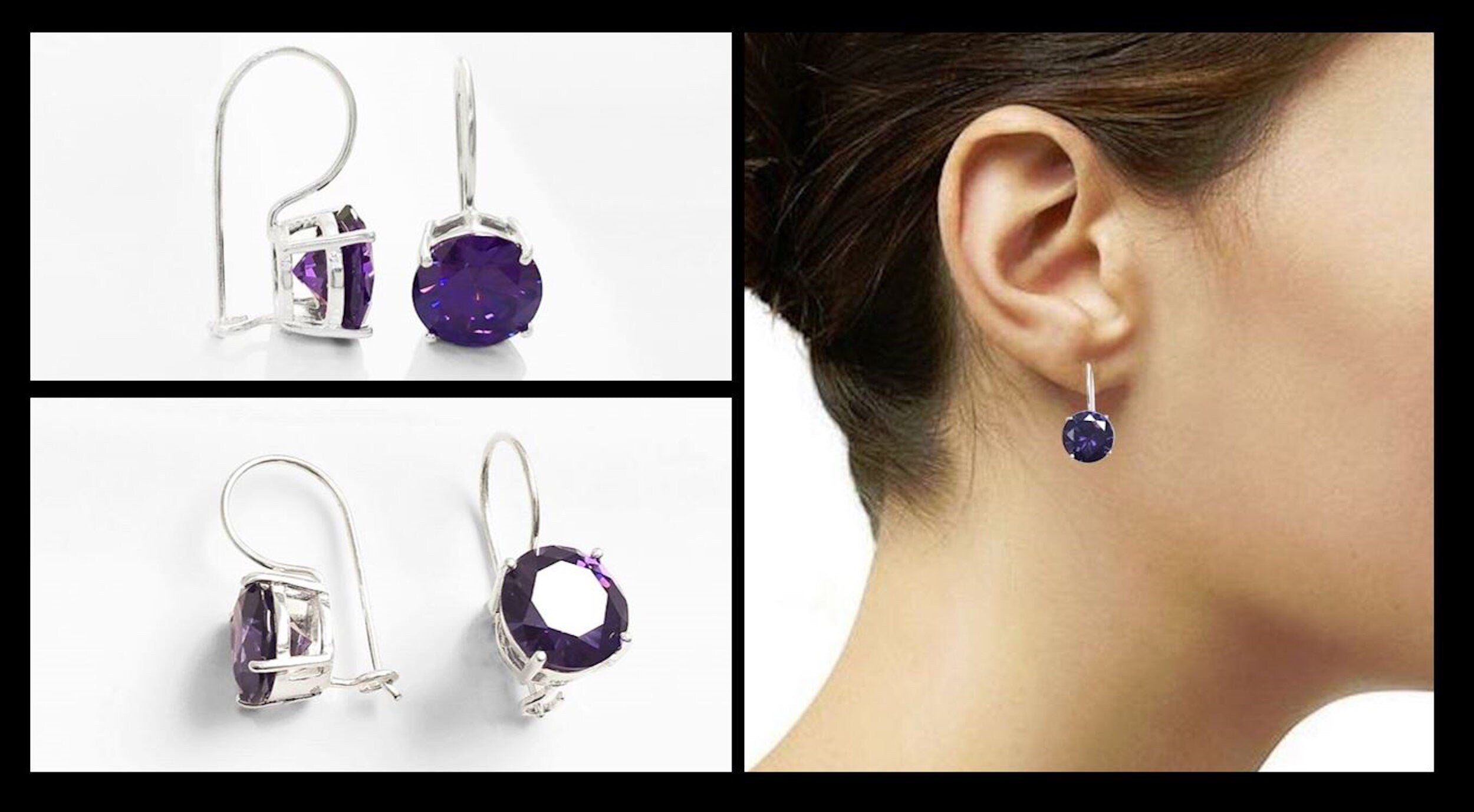 Purple Drop Earrings, 925 Sterling Silver, Big Violet Solitaire 10mm Round Stone, 6ct Amethyst simulant (CZ), Birthday gift, Hook Earrings
