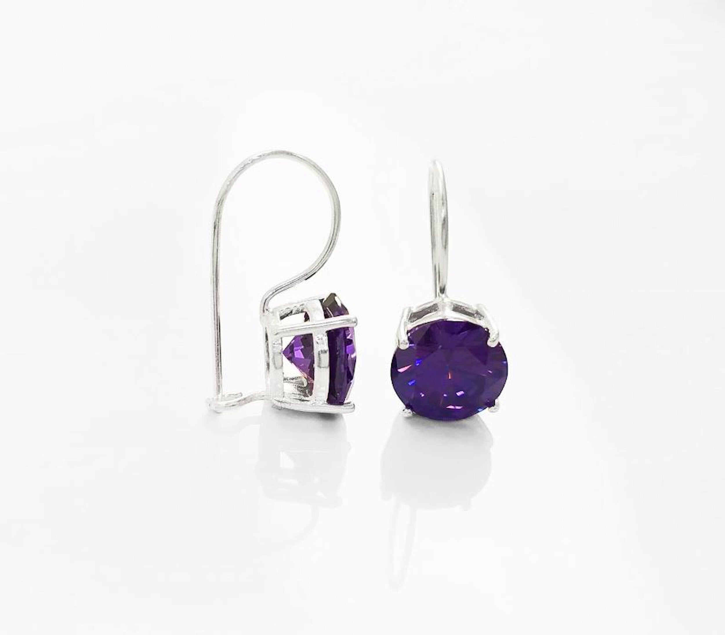 Purple Drop Earrings, 925 Sterling Silver, Big Violet Solitaire 10mm Round Stone, 6ct Amethyst simulant (CZ), Birthday gift, Hook Earrings