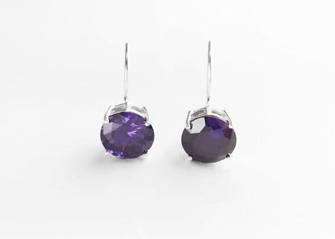 Purple Drop Earrings, 925 Sterling Silver, Big Violet Solitaire 10mm Round Stone, 6ct Amethyst simulant (CZ), Birthday gift, Hook Earrings