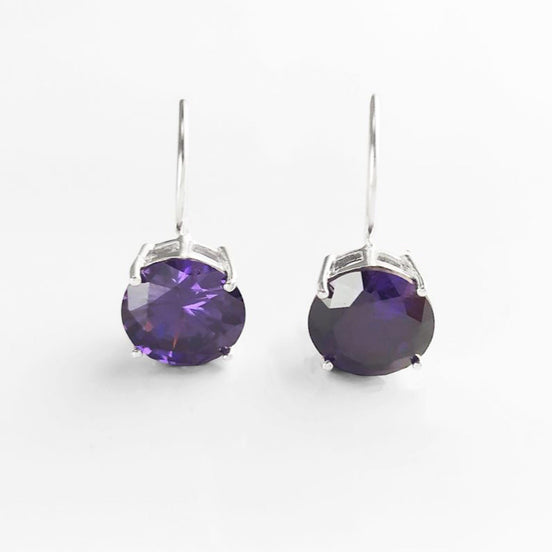 Purple Drop Earrings, 925 Sterling Silver, Big Violet Solitaire 10mm Round Stone, 6ct Amethyst simulant (CZ), Birthday gift, Hook Earrings