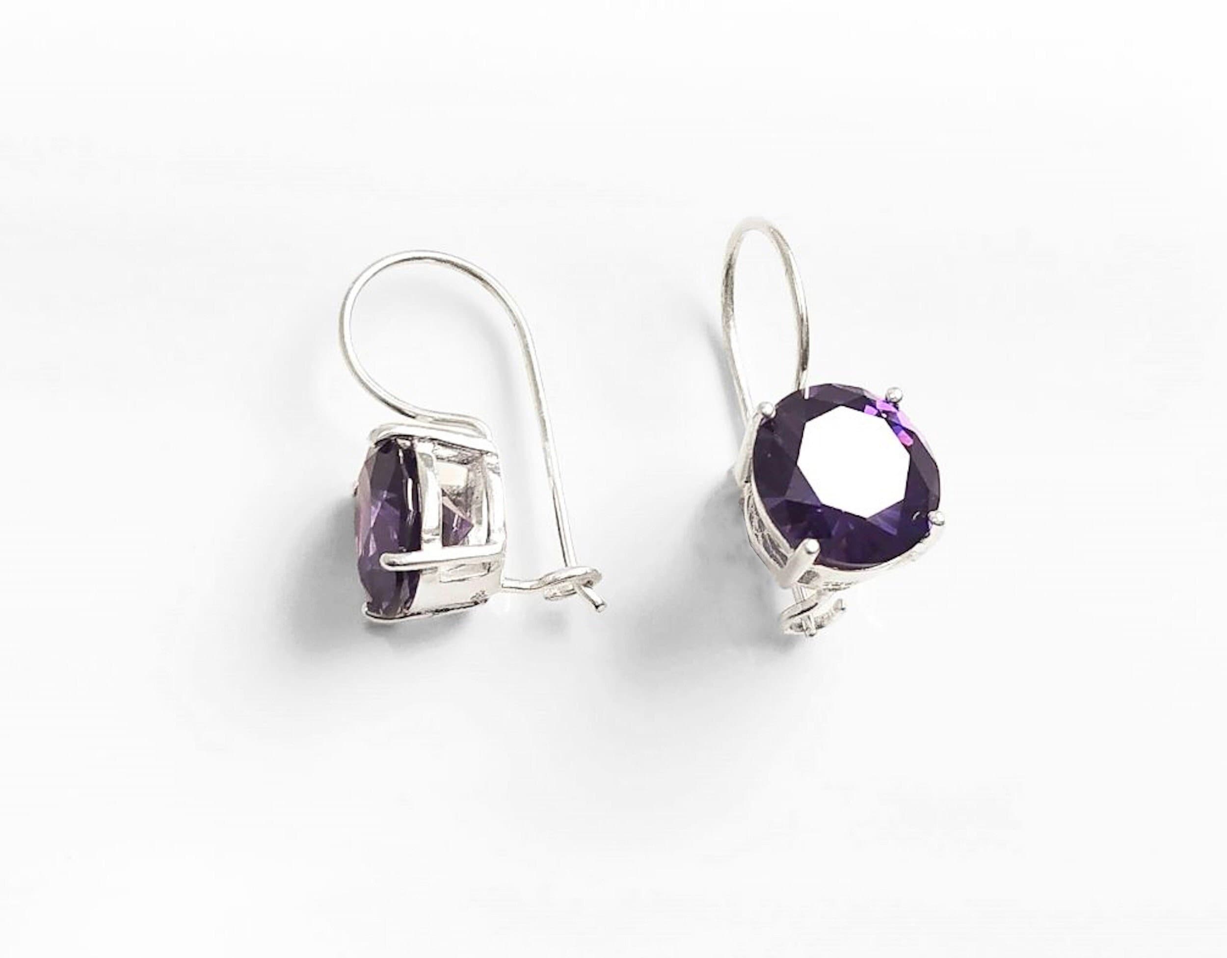 Purple Drop Earrings, 925 Sterling Silver, Big Violet Solitaire 10mm Round Stone, 6ct Amethyst simulant (CZ), Birthday gift, Hook Earrings