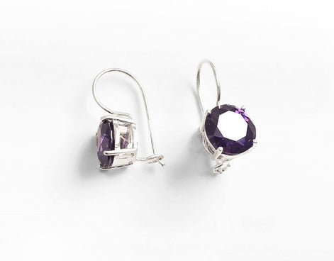 Purple Drop Earrings, 925 Sterling Silver, Big Violet Solitaire 10mm Round Stone, 6ct Amethyst simulant (CZ), Birthday gift, Hook Earrings