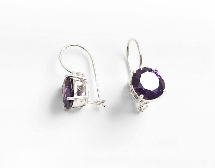 Purple Drop Earrings, 925 Sterling Silver, Big Violet Solitaire 10mm Round Stone, 6ct Amethyst simulant (CZ), Birthday gift, Hook Earrings