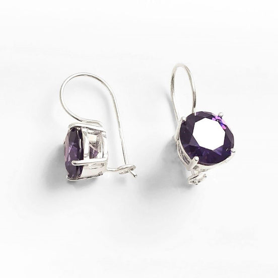 Purple Drop Earrings, 925 Sterling Silver, Big Violet Solitaire 10mm Round Stone, 6ct Amethyst simulant (CZ), Birthday gift, Hook Earrings